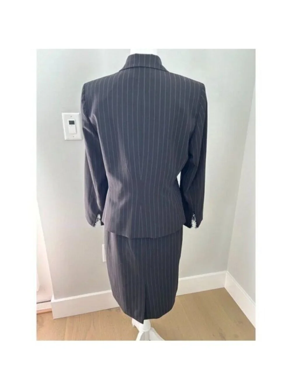 Kasper Petite 2-Piece Skirt Suit - Black & Pink Stripe with Lace Size 12P